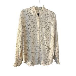 Talbots High Ruffle Neck & Cuffs Blouse M Top Polka Dot Cream Black Pearl Accent